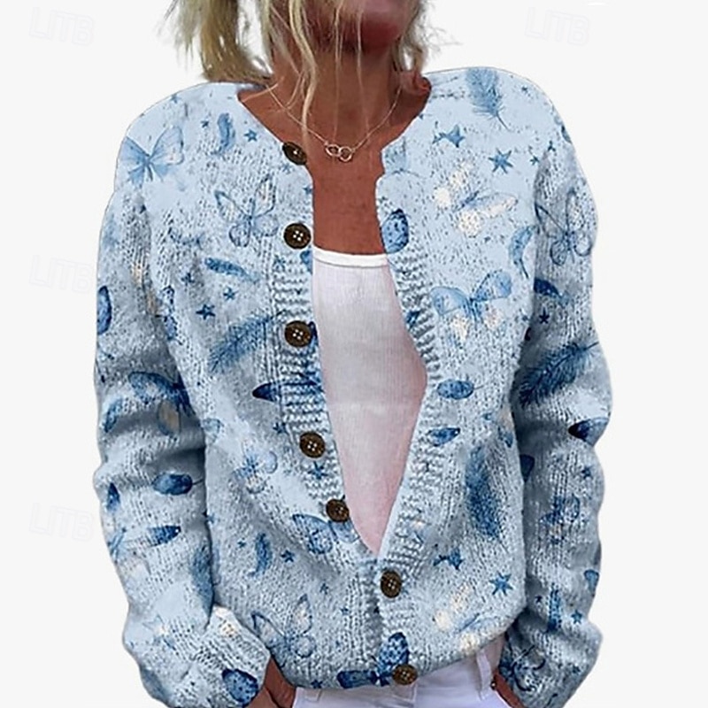 Damen Pullover Strickjacke Mode Streetwear Täglich Schmetterling Gerippt Öffnung vorne Gestrickt Druck Langarm Lange Oberteile Stricken Ferien Ausgehen Wochenende Weiß Blau Herbst Winter 2025 - $26.99 –P2