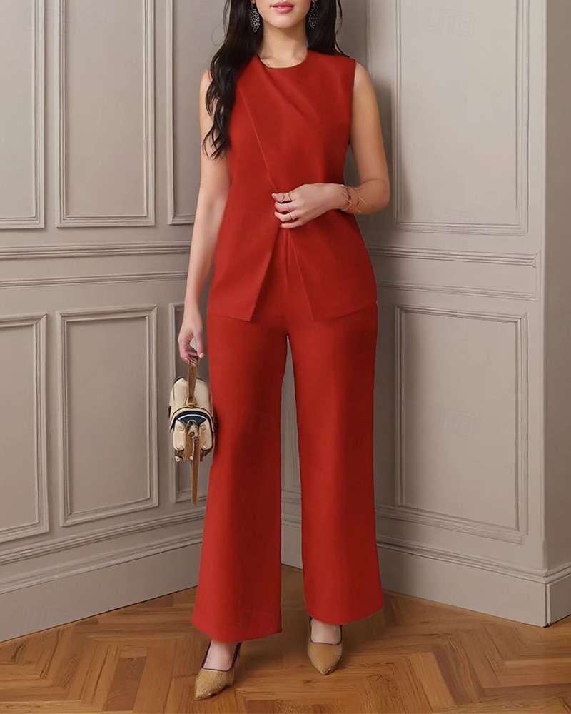 Dam Elegant Mode Byxuppsättningar Bolero Top Ärmlös Rund hals Ensfärgat Semester Ledigt / vardag Svart Vit Rubinrött Sommar Normal 2025 - $29.99 –P11