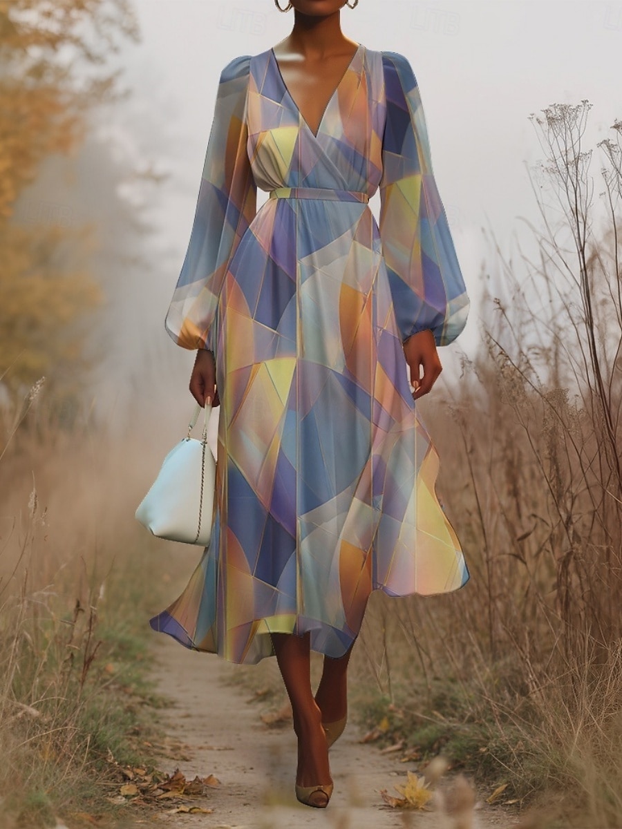 Damen Midikleid Freizeitkleid Chiffon Schwingkleid Modern Urlaub Täglich Wochenende Normale Passform Geometrisch Langarm V Ausschnitt Blau Dunkelgrün Purpur Grün Sommer Frühling Herbst 2025 - $31.99 –P1