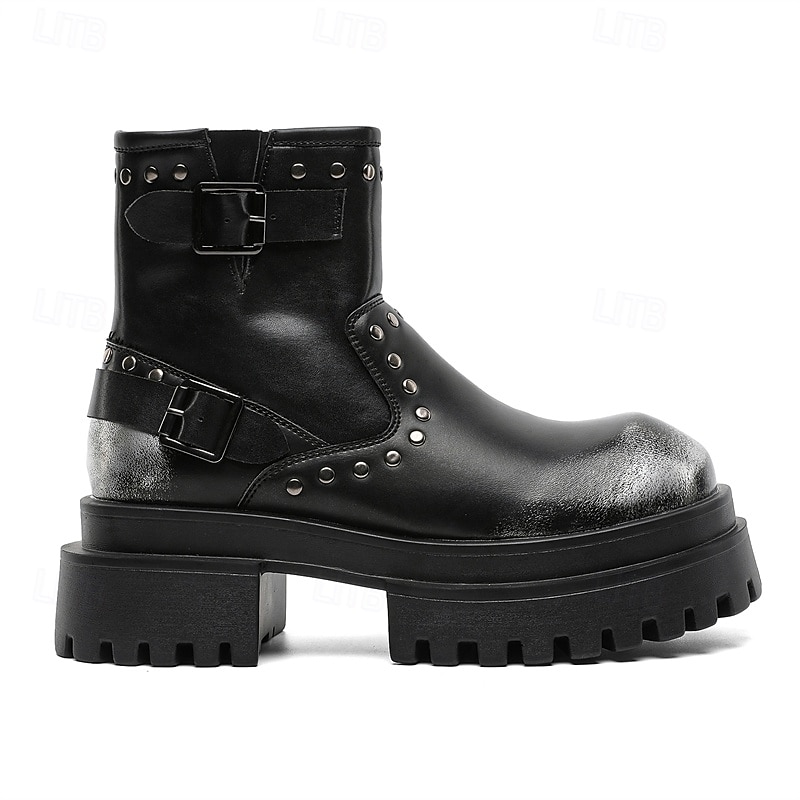 Bottines noires à boucle épaisse pour homme – Bottes de combat à plateforme punk rock pour la mode gothique et le streetwear d'automne de 2025 ? $94.99 –P5