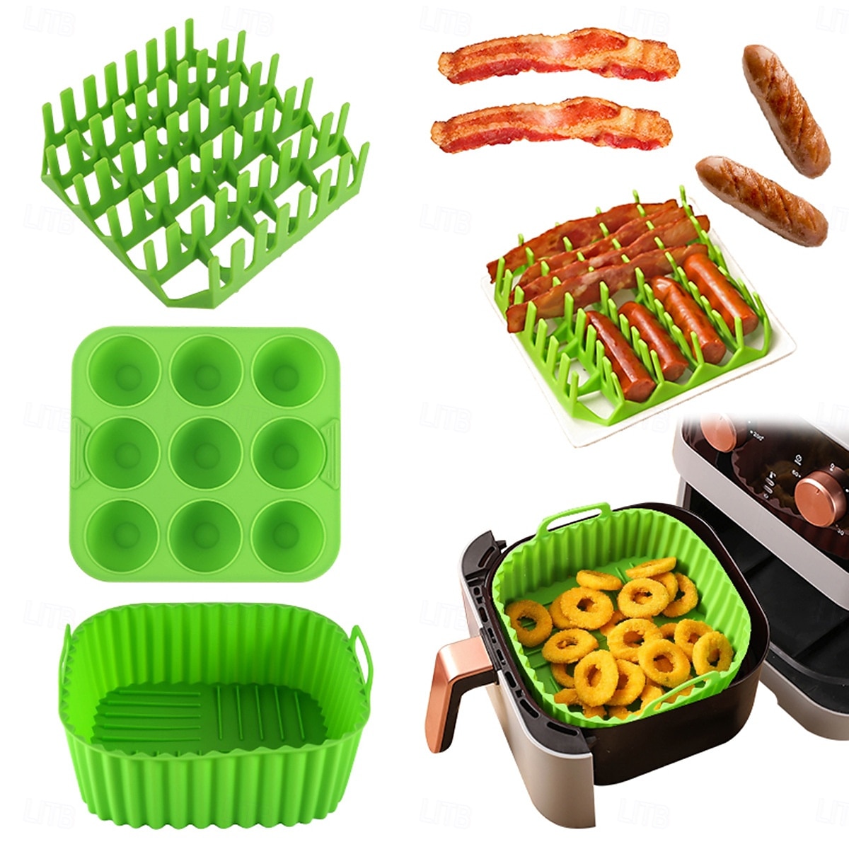 3pcs Reusable Silicone Air Fryer Liners Set Non-Stick Silicone Tray, Bacon Rack & 9-Cavity Mold for Eggs and Cupcakes Multi-Use Air Fryer Accessories 2025 - $20.99 –P5