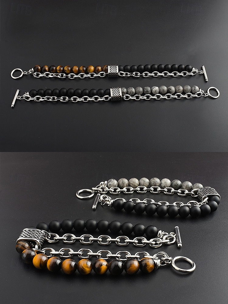 мужской браслет-цепочка из натуральных камней с бусинами – двухрядный регулируемый браслет с застежкой-тогл для повседневного, уличного и праздничного стиля 2025 - $9.99 –P8