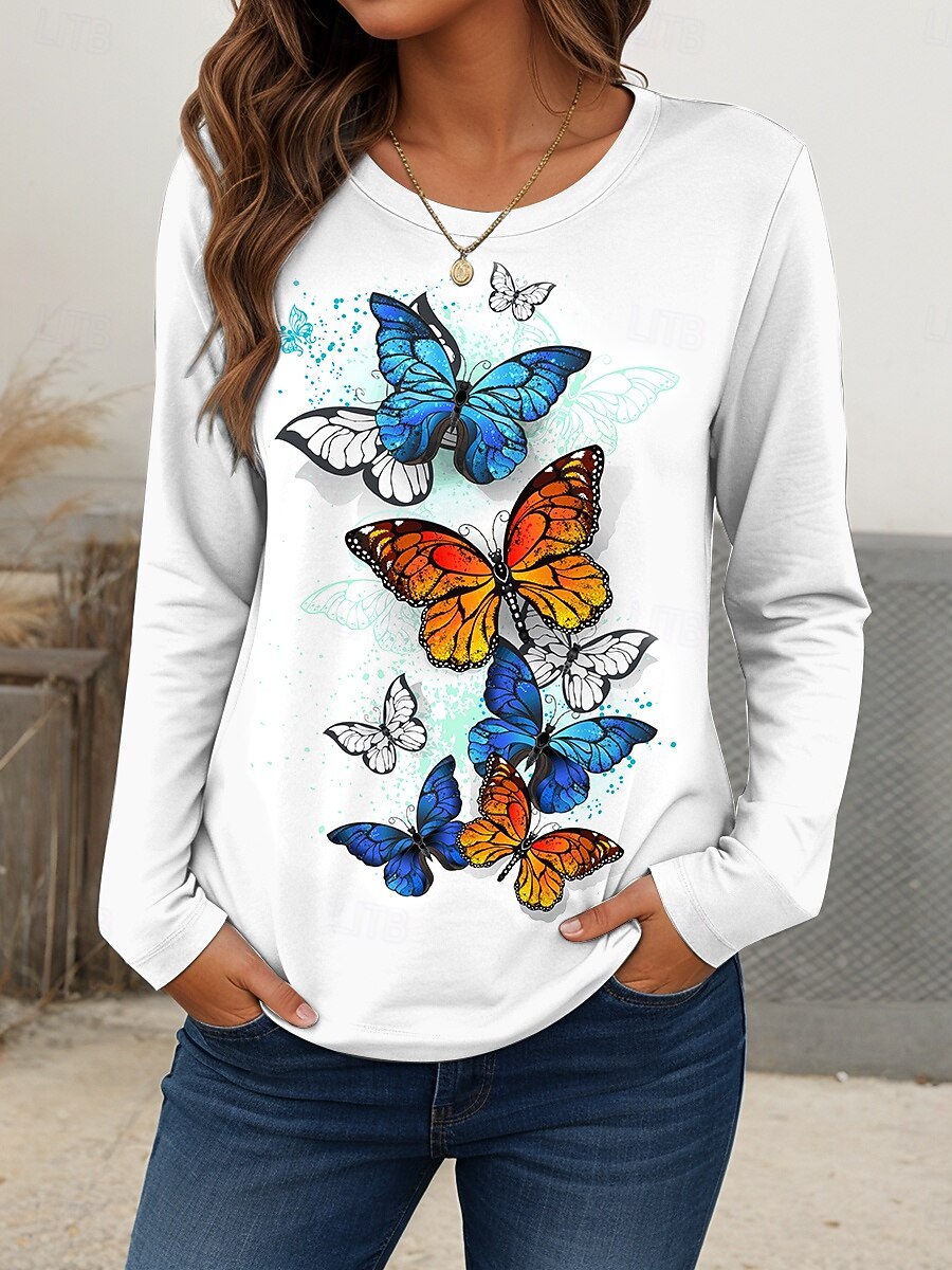 Женская футболка с круглым вырезом длинным рукавом туника графическая бабочка винтажная повседневная обычные топы ежедневный принт красный синий радужный весна осень 2025 - $22.99 –P5