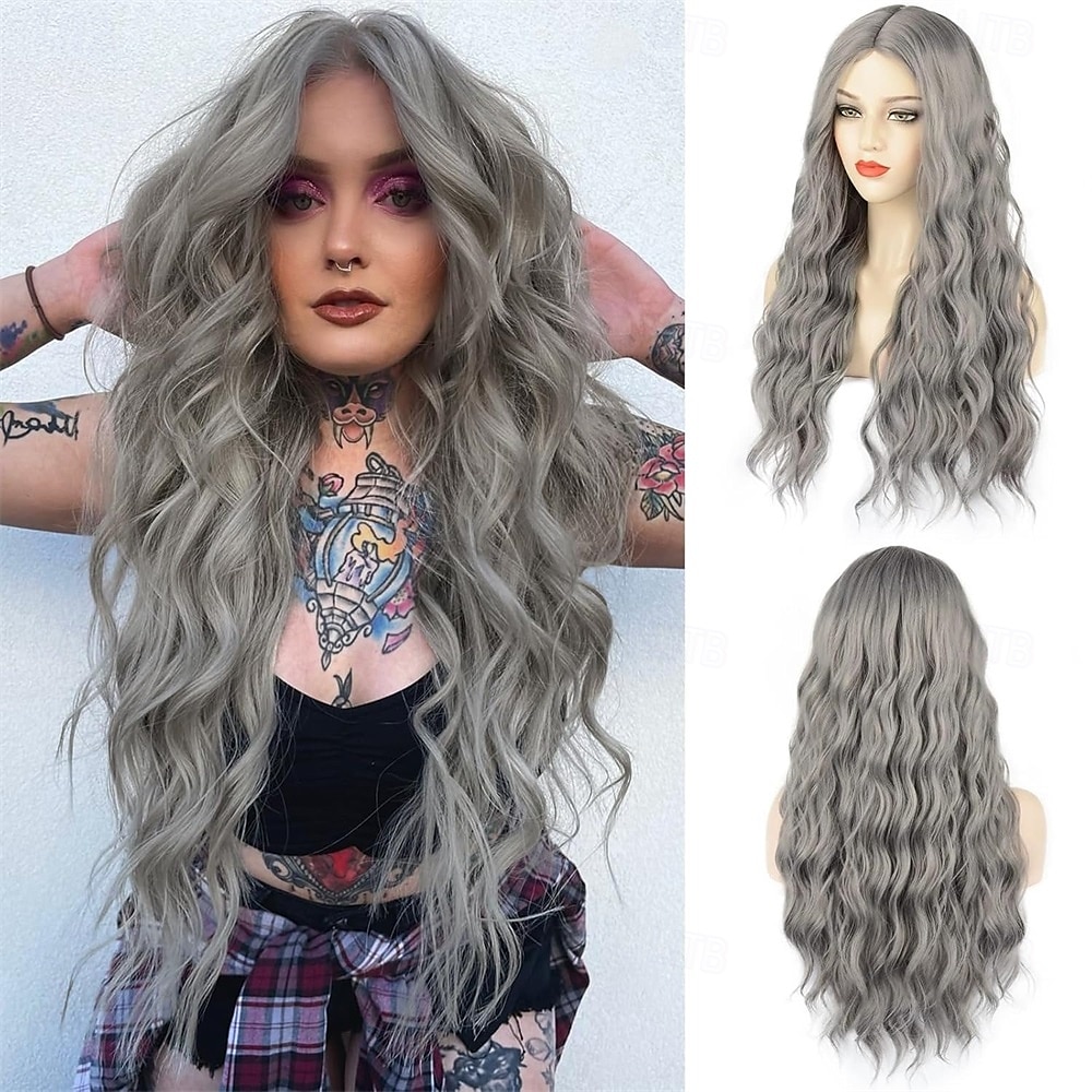 Perruque noire rouge grise de 28 pouces de long, perruques ondulées noires rouges pour femmes, perruques de remplacement de cheveux synthétiques, perruque en fibre résistante à la chaleur pour de 2025 ? $26.99 –P4