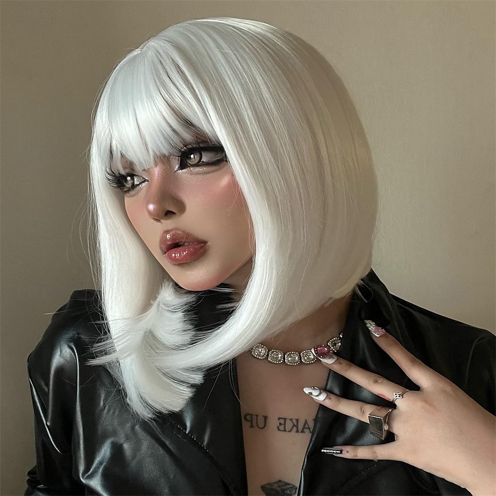 Rovná bílá paruka s ofinou 30 cm krátké bílé bob paruky pro ženy syntetické barevné cosplay párty paruka 2025 - $23.99 –P2