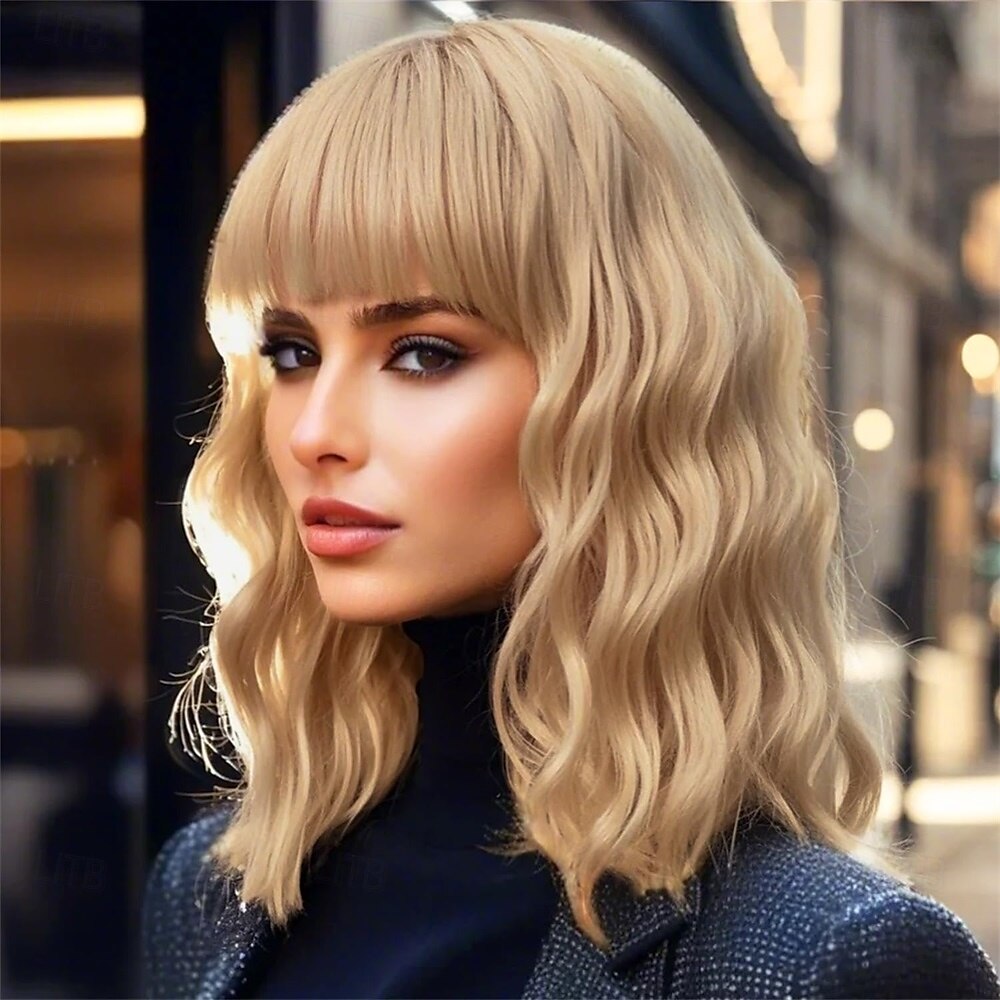 Perruques roses courtes ondulées, perruque pastel avec frange, cheveux synthétiques mi-longs pour femmes et filles, perruque de cosplay colorée en fibre synthétique résistante à la chaleur pour une de 2025 ? $23.99 –P4