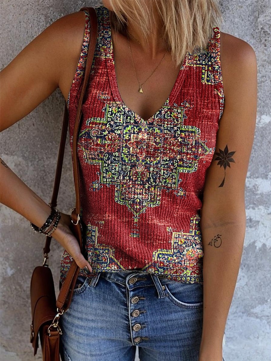 Per donna Canotta a canotta Grafico Geometrico Astratto Bohemien Vintage Elegante Senza Maniche Scollo a V Top Regolari Quotidiano Stampato Bianco Giallo Rosso Blu Arancione Estate Primavera del 2025 a $17.99 –P3
