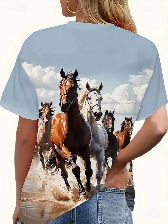 Femmes T-shirt Graphique Animal Cheval ancien Élégant Classique Manche Courte Col ras du cou Col rond Hauts Réguliers Quotidien Week-end Imprimé Noir Blanche Bleu Bleu Poudré Été Printemps de 2025 ? $19.99 –P9