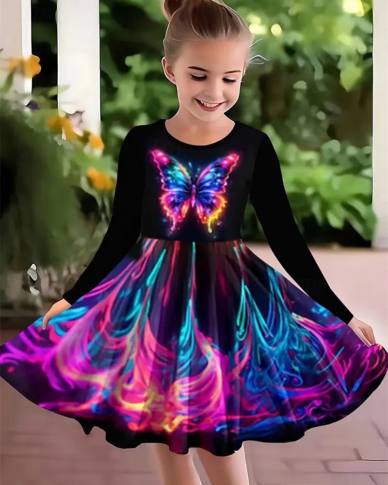 Girls' 3D Butterfly Dress Long Sleeve Summer Spring Vacation Daily Holiday Princess Beautiful Sweet Kids 4-12 Years Casual Dress A Line Dress Knee-length Regular Fit 2025 - $16.99 –P1
