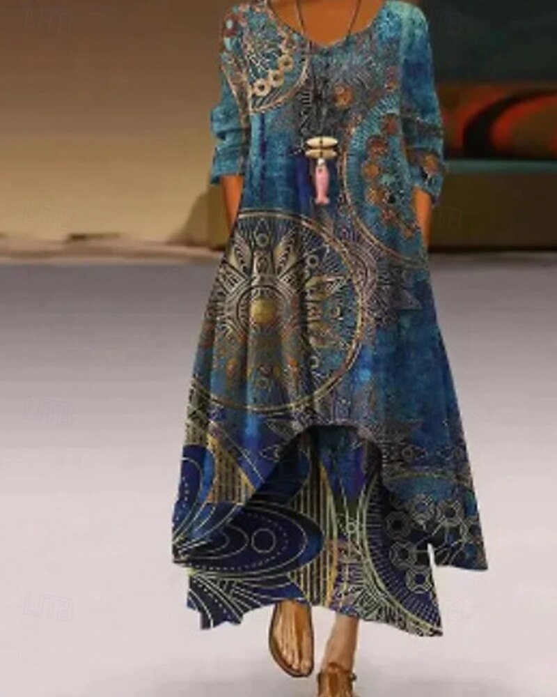 Damen Langes Kleid Maxikleid Freizeitkleid Druckkleid Mode Modern Täglich Strand Wochenende Normale Passform Grafik Dreiviertelarm V Ausschnitt Blau Grau Frühling Herbst 2025 - $28.99 –P4