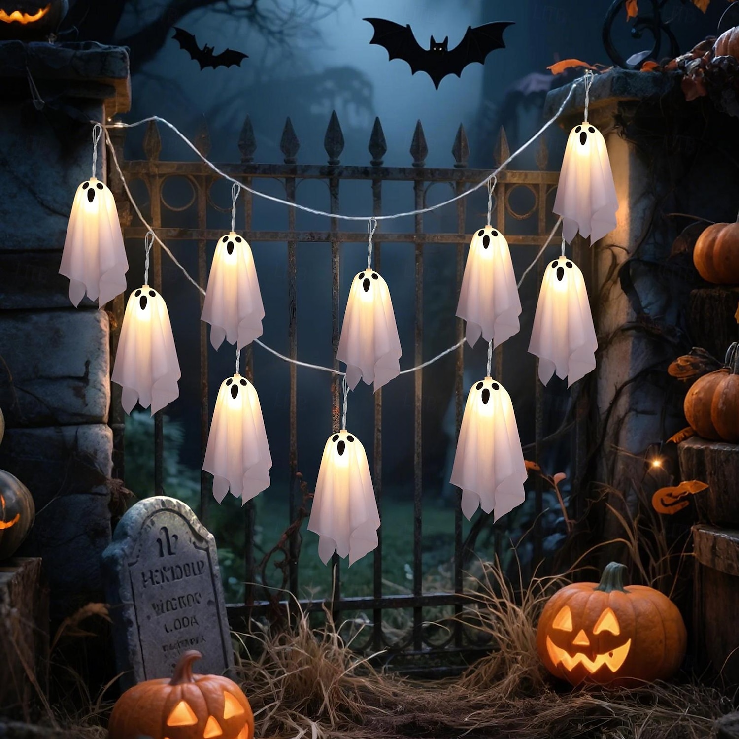 1 Pc Halloween 2.5M 10 luminous hanging ghost ghost light string AAA waterproof battery box 8 function remote control indoor and outdoor courtyard party Halloween atmosphere decoration light 2025 - $20.99 –P1