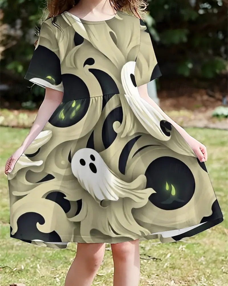 Halloween Girls' 3D Ghost Dress Short Sleeve Summer Spring Vacation Daily Holiday Princess Beautiful Sweet Kids 4-12 Years Casual Dress A Line Dress Knee-length Regular Fit 2025 - $15.99 –P1