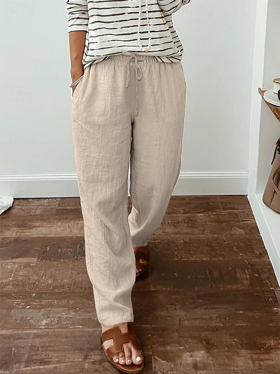 Mulheres Calças de linho de algodão Calças Roupa de rua Casual Longas Cintura Alta Tecido Bolsos Design de cordão elástico Corte alto Respirabilidade Macio Micro-Elástica Rua Roupa Diária Preto de 2025 por $24.99 –P1