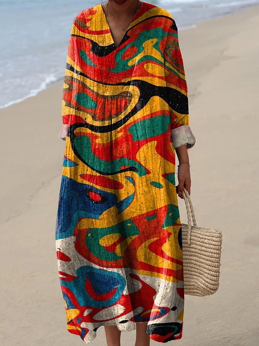 Femmes Robe Midi Robe d'Été Robe fourreau Vacances Occasionnel Chaussures de plage Sortir Plage Coupe Ample Graphique Géométrique manche longue Col en V Jaune Vert Claire Rouge Vert Été Printemps de 2025 ? $35.99 –P3