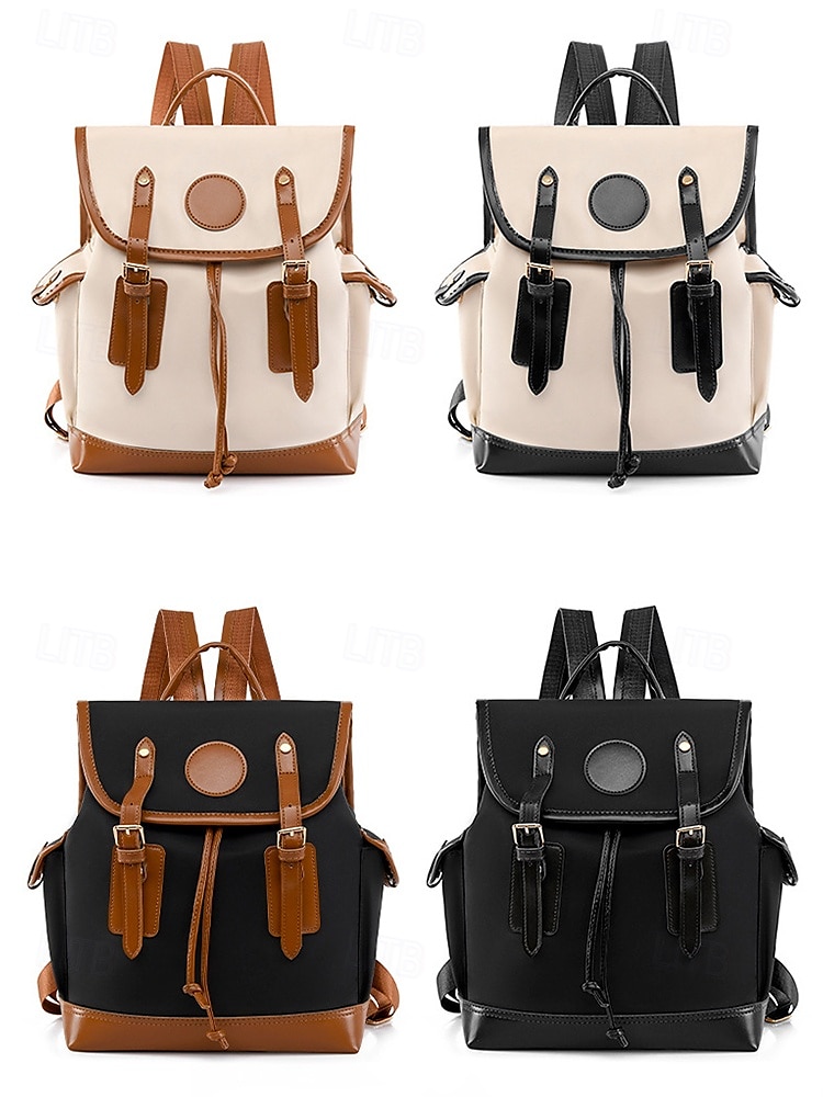 Women's Vintage Faux Leather Trim Backpack - Waterproof Canvas Preppy School Bag with Drawstring Closure for Teenage Girls, Students and Daily Use 2025 - $32.99 –P11