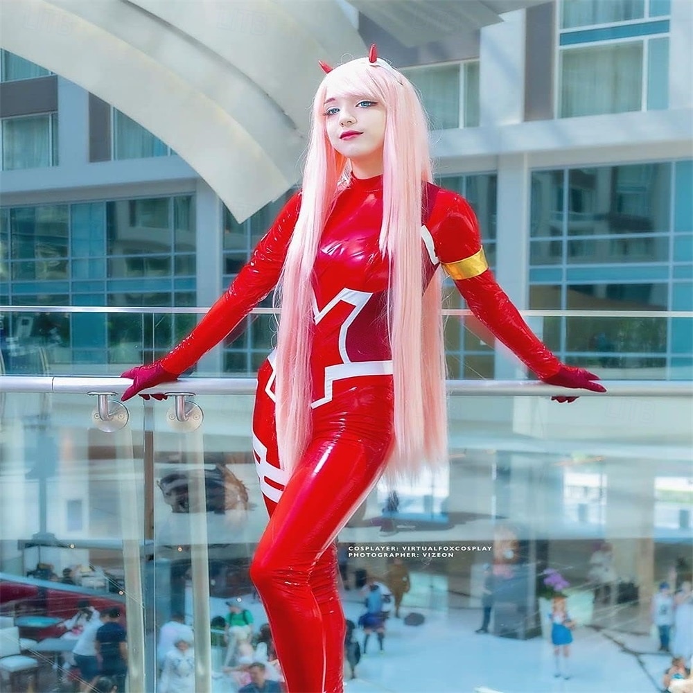 Perruque rose pastel longue et raide pour femme, cosplay anime Zero Two 02, avec corne, 99 cm de 2025 ? $26.99 –P2