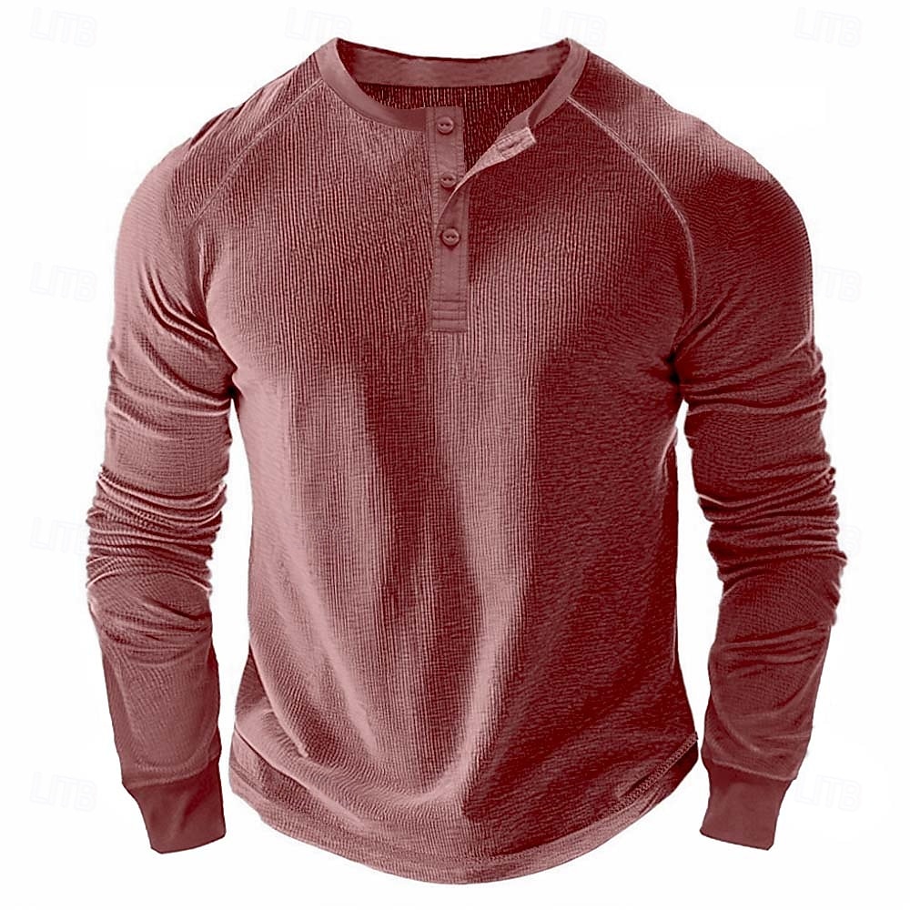 Men's Waffle Henley Shirt Tee Long Sleeve Solid Color Plain Textured Fashion Designer Casual Raglan Sleeves Henley Outdoor Casual Daily Summer Fall Winter Black Light Blue Dark Red Henley T-Shirt 2025 - $19.99 –P6