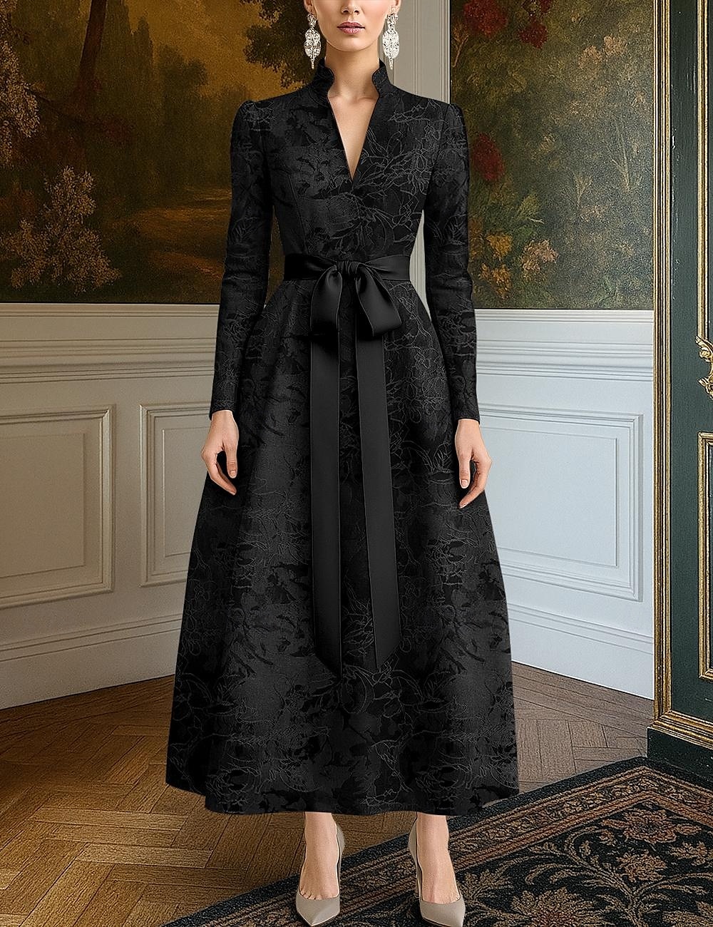 Svart slips jacquard brokade a-linje aftenkjole elegant kjole formell bryllup gulvlang langermet v-hals lomme nylon med sløyfe(r) stropper 2025 2025 - $142.99 –P1