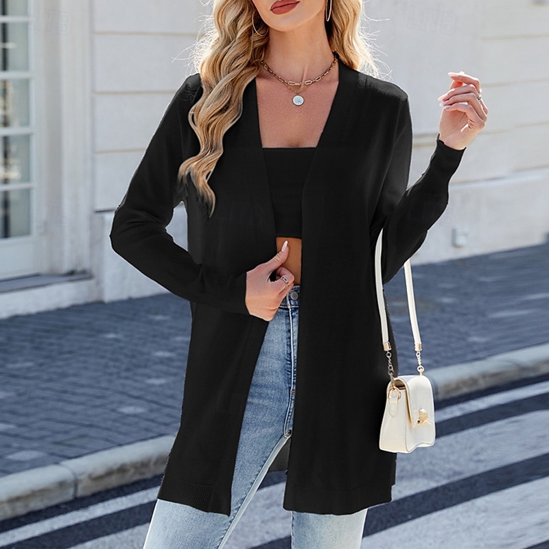 Femmes Pull Cardigan Mode Streetwear Quotidien Rayé Côtelé Ouvert devant Tricoté manche longue Hauts Longs Tricoter Fête Sortir Week-end Blanc / Noir Noir Automne Hiver de 2025 ? $28.99 –P15