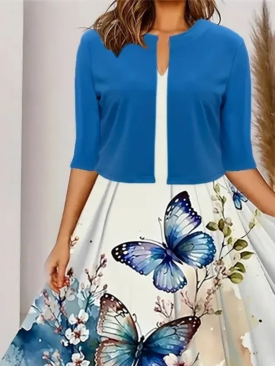 Dam Klänning Set A linjeklänning Sommarklänning Ledigt Semiformella klänningar Blommig Grafisk Mönster Midiklänning Kortärmad Rund hals Semester Datum Himmelsblå Sommar Vår Normal 2025 - $36.99 –P2