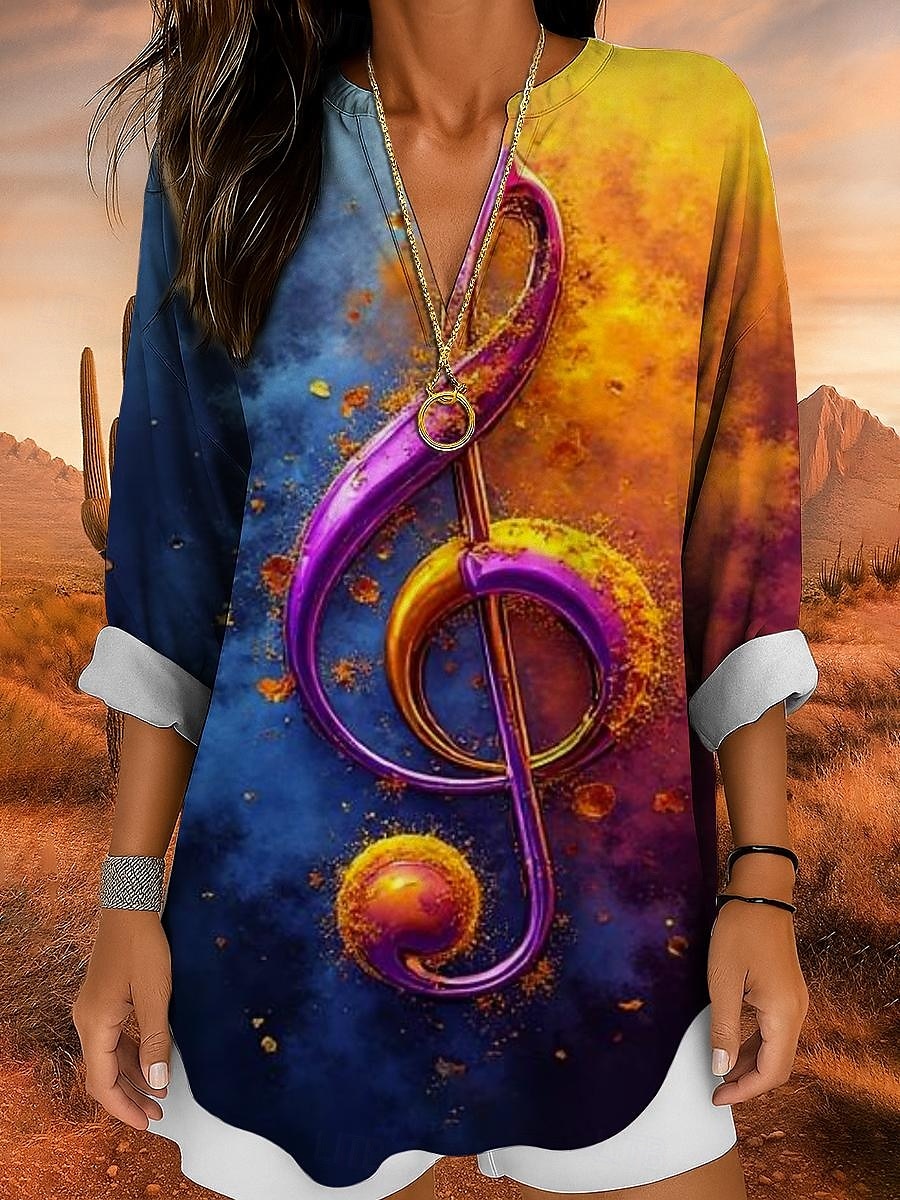Musikfestival Damen Bluse Ombre Grafik Geometrisch Elegant Vintage Tropisch Langarm V Ausschnitt Normale Oberteile Täglich Ferien Druck Gelb Blau Grün Sommer Frühling 2025 - $24.99 –P5