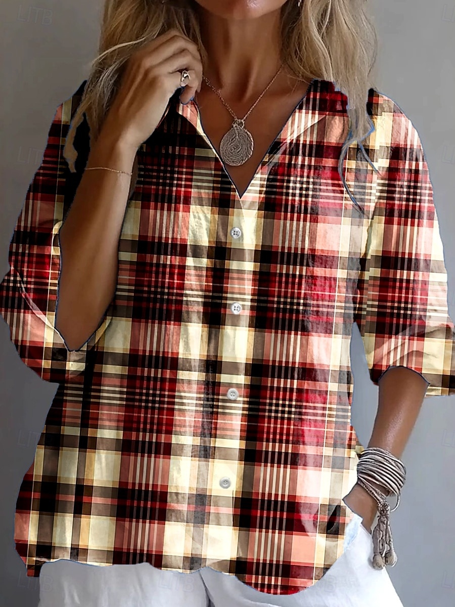 Femmes Chemise Graphique Plaid Rayé ancien Tropical Quotidien manche longue Col de chemise Hauts Réguliers Travail Quotidien Boutons Imprimé Bordeaux Rose Claire Bleu clair Été Printemps de 2025 ? $32.99 –P2