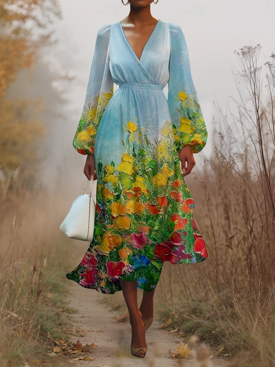 Femmes Robe Midi Robe Décontractée Mousseline de Soie Robe évasée Moderne Vacances Quotidien Week-end Coupe régulière Fleuri manche longue Col en V Bleu Roi Bleu Vert Bleu de minuit Été Printemps de 2025 ? $31.99 –P8