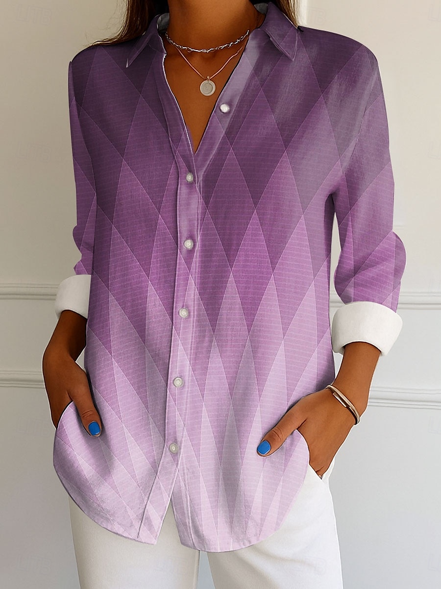 Camicia da donna manica lunga blusa abbottonata grafico geometrico a righe vintage tropicale camicia regolare top lavoro quotidiano stampa blu viola arancione marrone estate primavera del 2025 a $32.99 –P4