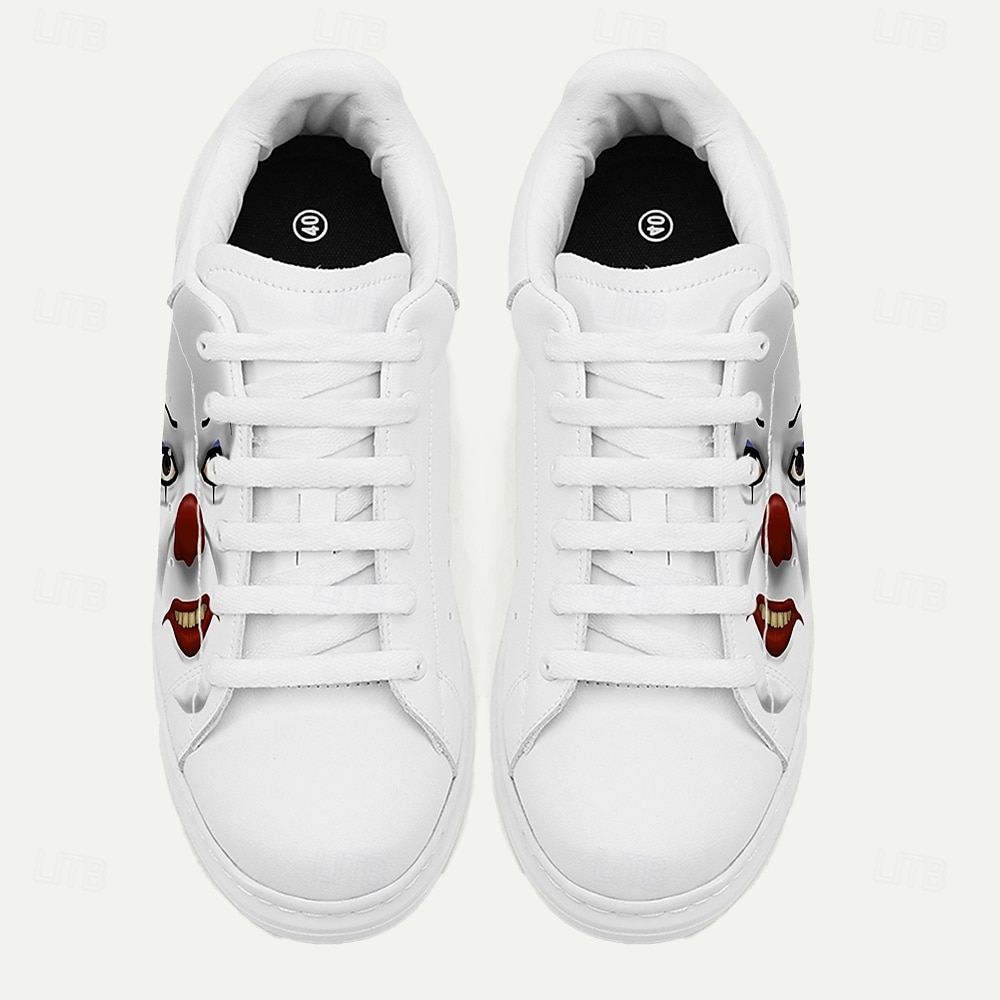 Vita herrsneakers med tryck av onda clownansikten – läskiga halloweenskor för skräckfans och festdeltagare 2025 - $54.99 –P4