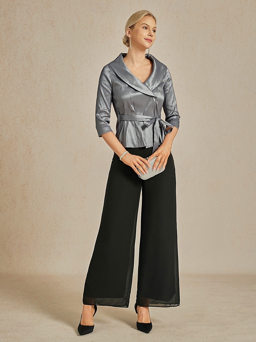 Dame Bluse Kveldstopper Elegant metallic Stilfull 3/4 ermer V-hals Vanlige topper Bryllupsgjest Aftenselskap Semi-formelt knyte foran Grå Vår, Høst, Vinter, Sommer 2025 - $79.99 –P5