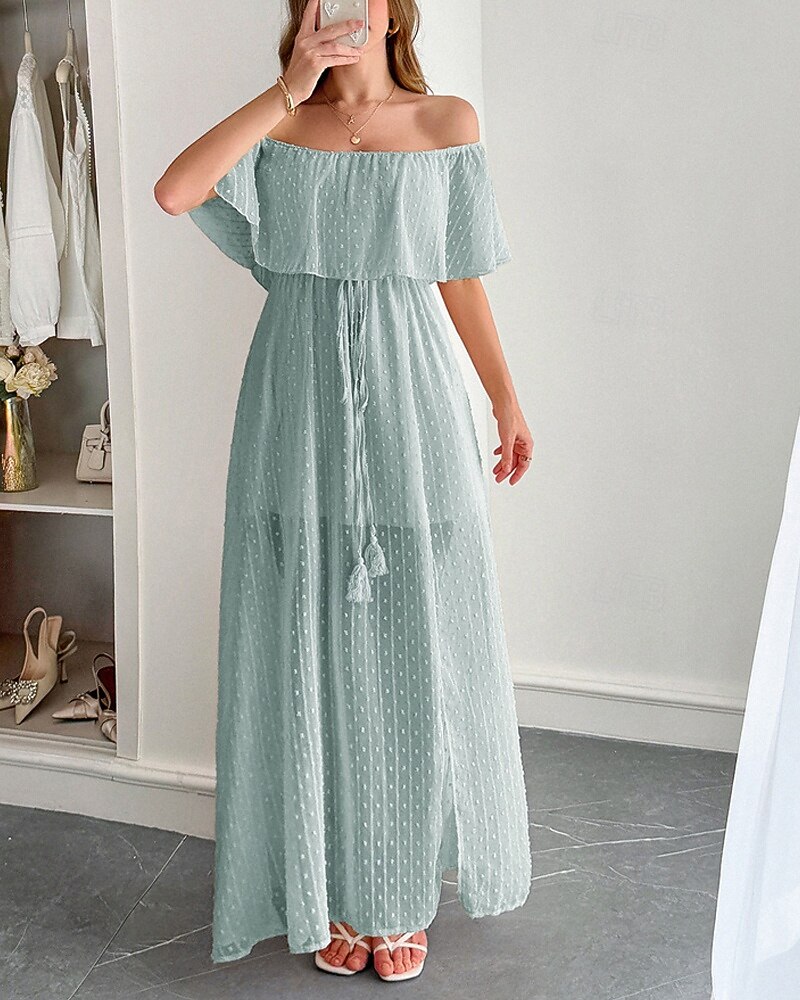 Femmes Robe Longue Maxi Robe Robe Décontractée Robe d'été Mode Moderne Quotidien Plage Week-end Coupe régulière Uni Manche Courte Épaules Dénudées Vert Été Printemps de 2025 ? $31.99 –P2
