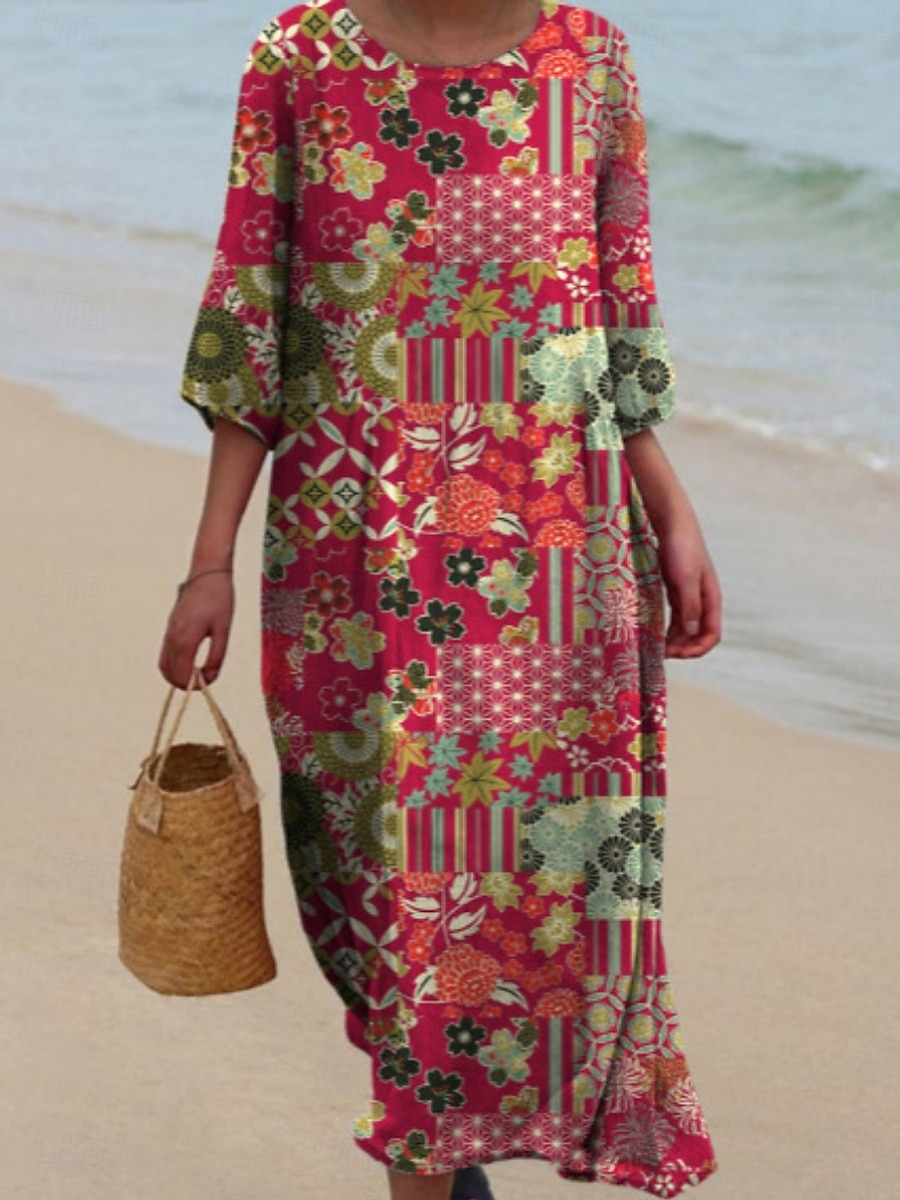 Dame Midikjole Uformell kjole Print kjole Årgang afrikansk Daglig Strand Helg Normal Blomstret 3/4 ermer Crew-hals Rosa Rød Fuksia Grønn Sommer Vår Høst 2025 - $31.99 –P4