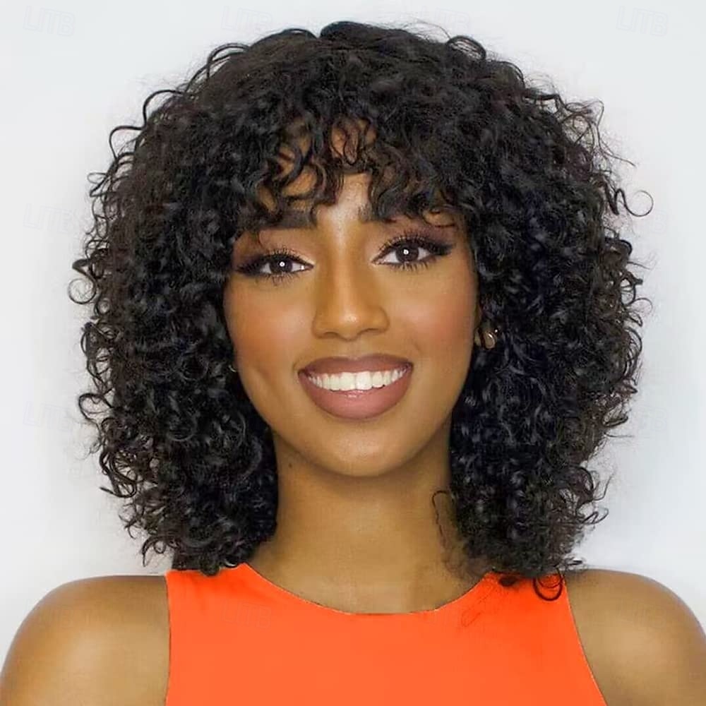 Curly Human Hair Wig With Bangs 100% Brazilian Human Hair Curly Wigs Scalp Full Machine Made Wig for Black Women L Curly Wigsn Human Hair Natural Color 2025 - $90.99 –P1