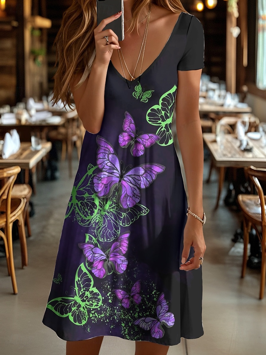 Damen Minikleid T-Shirt-Kleid A Linie Kleid Sommerkleid Urlaub Lässig Ferien Normale Passform Grafik Tiermotiv Schmetterling Kurzarm Rundhalsausschnitt Gelb Rote Blau Purpur Sommer Frühling 2025 - $23.99 –P4