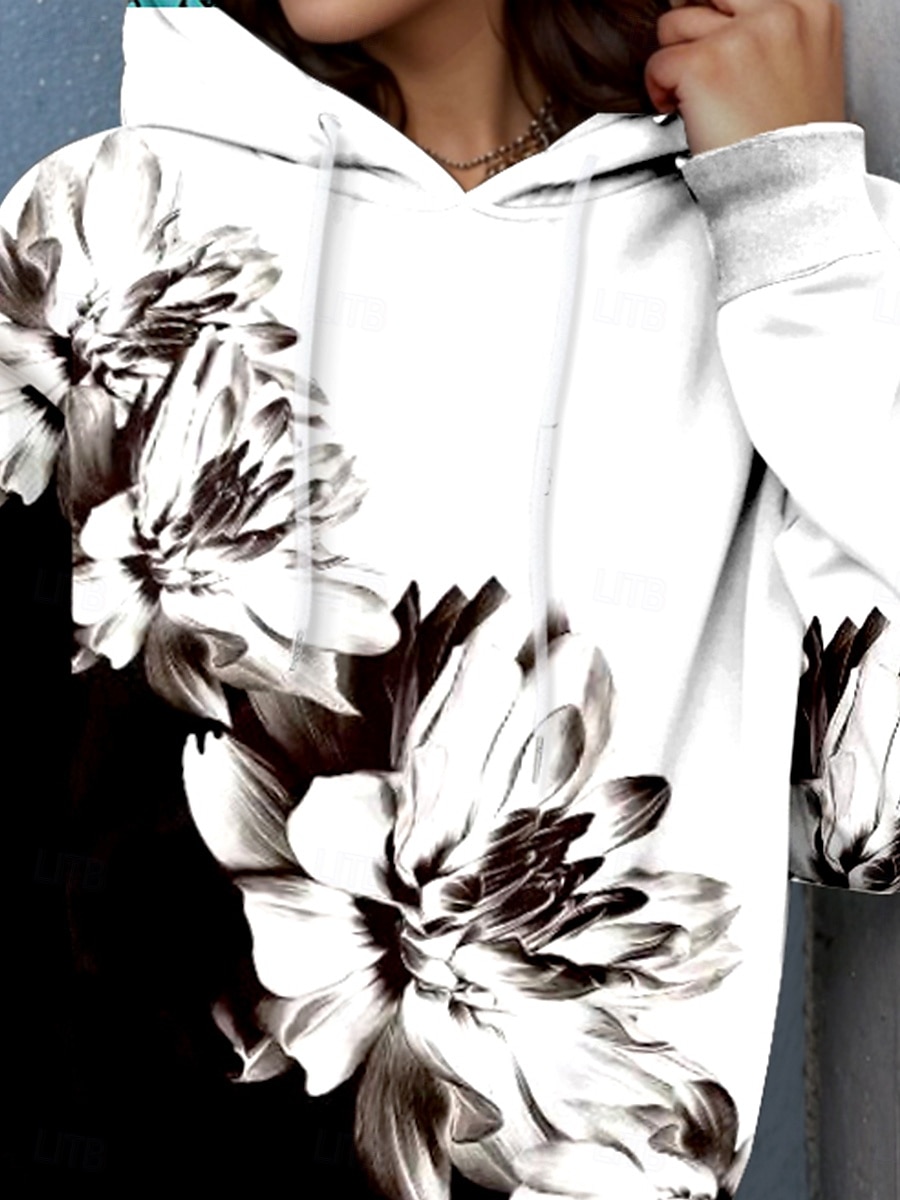 Dame Pullover hettegenser-genser Blomstret Grafisk Fargeblokk Elegant Varm Aktiv Langermet Med hette Vanlige topper Gate Hverdag Avslappet Snorer Trykt mønster Svart Vår Høst Vinter 2025 - $24.99 –P2