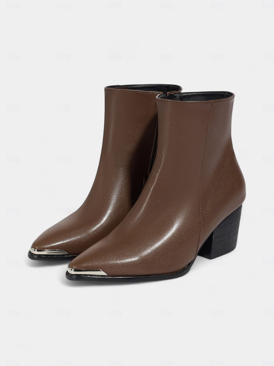 Женские коричневые ботильоны с острым носком из искусственной кожи – ботильоны в стиле вестерн на среднем каблуке с металлическим носком и молнией сбоку, повседневная осенняя обувь для городского уличного стиля и офисных нарядов 2025 - $69.99 –P7