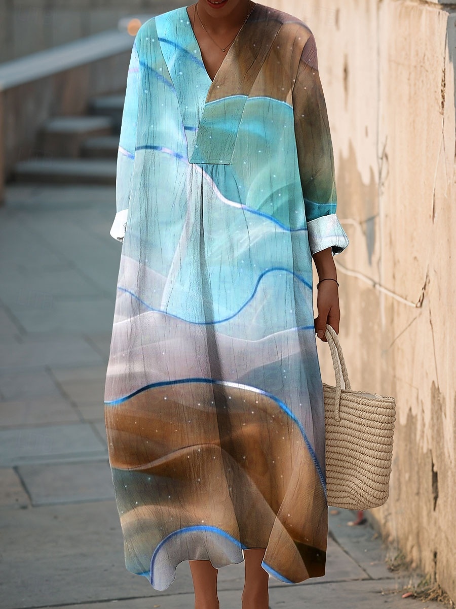 Naisten midi-mekko V-pääntie pitkähiha kaftaani kevyt löysä istuvuus A-linjainen mekko rento boho ulos meneminen löysä istuvuus ombre-graafinen pitkähiha V-pääntie sininen vaaleanlila oranssi syksy 2025 - $35.99 –P3