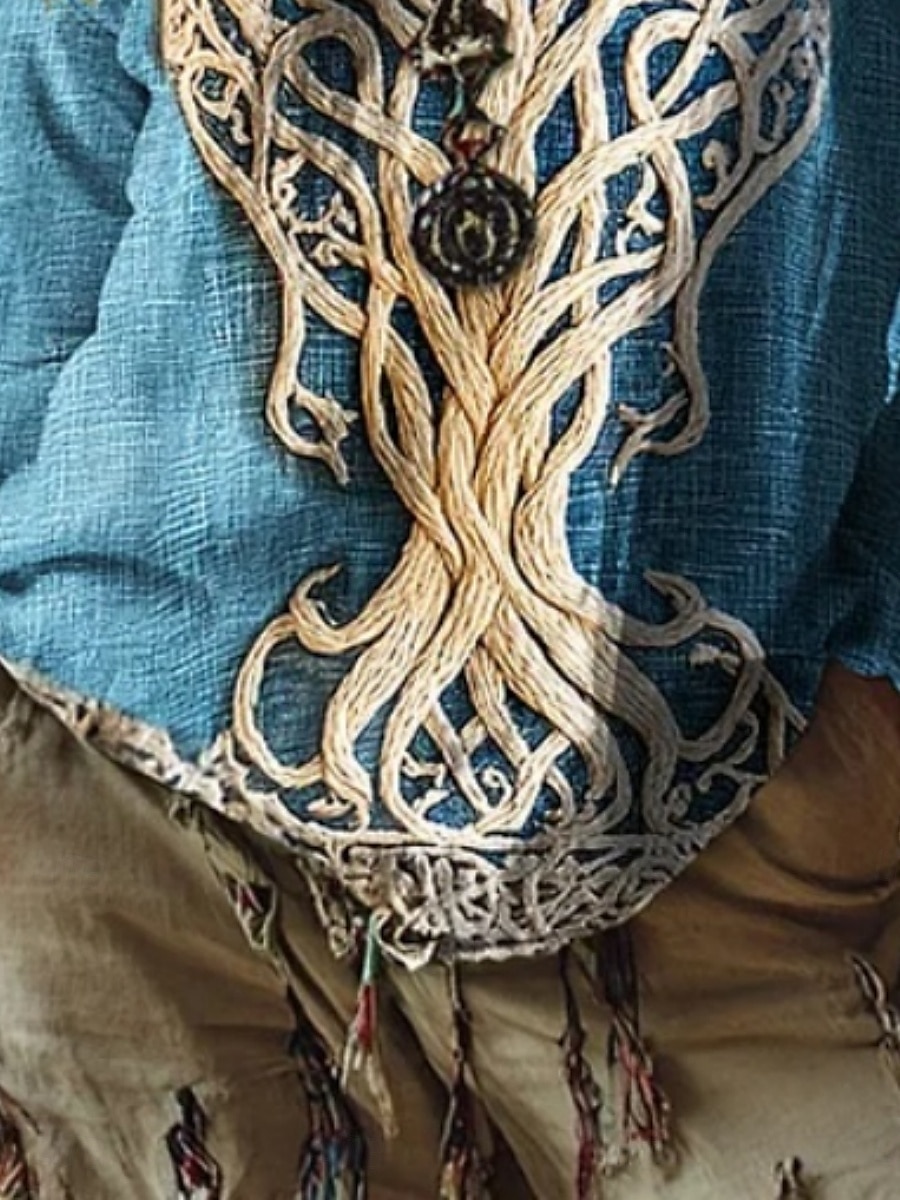 Blusa de mujer con estampado vintage, informal, para uso diario, de manga larga y cuello en V, estilo tribal, con diseño de árbol de la vida, estilo vintage, básica, para vacaciones, calle, salidas, estampado festivo, para uso diario, azul, para verano, p 2026 - $27.99 –P3