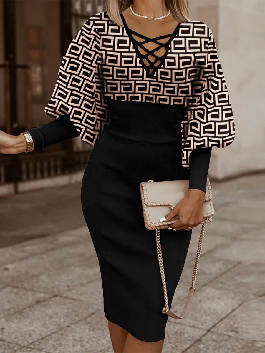 Per donna Abito Midi Abito aderente Abiti semi formali Ufficio Vestibilità regolare Geometrico Manica Lunga Scollo a V Nero Bianco Rosso Oro Primavera Autunno Inverno del 2025 a $31.99 –P1