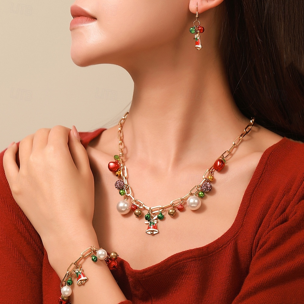 Conjunto de joias com pingentes de Natal para mulheres - colar de corrente de ouro, pulseira e brincos com sino festivo e pingentes de pérola, acessórios elegantes para festas de fim de ano para de 2025 por $9.99 –P4