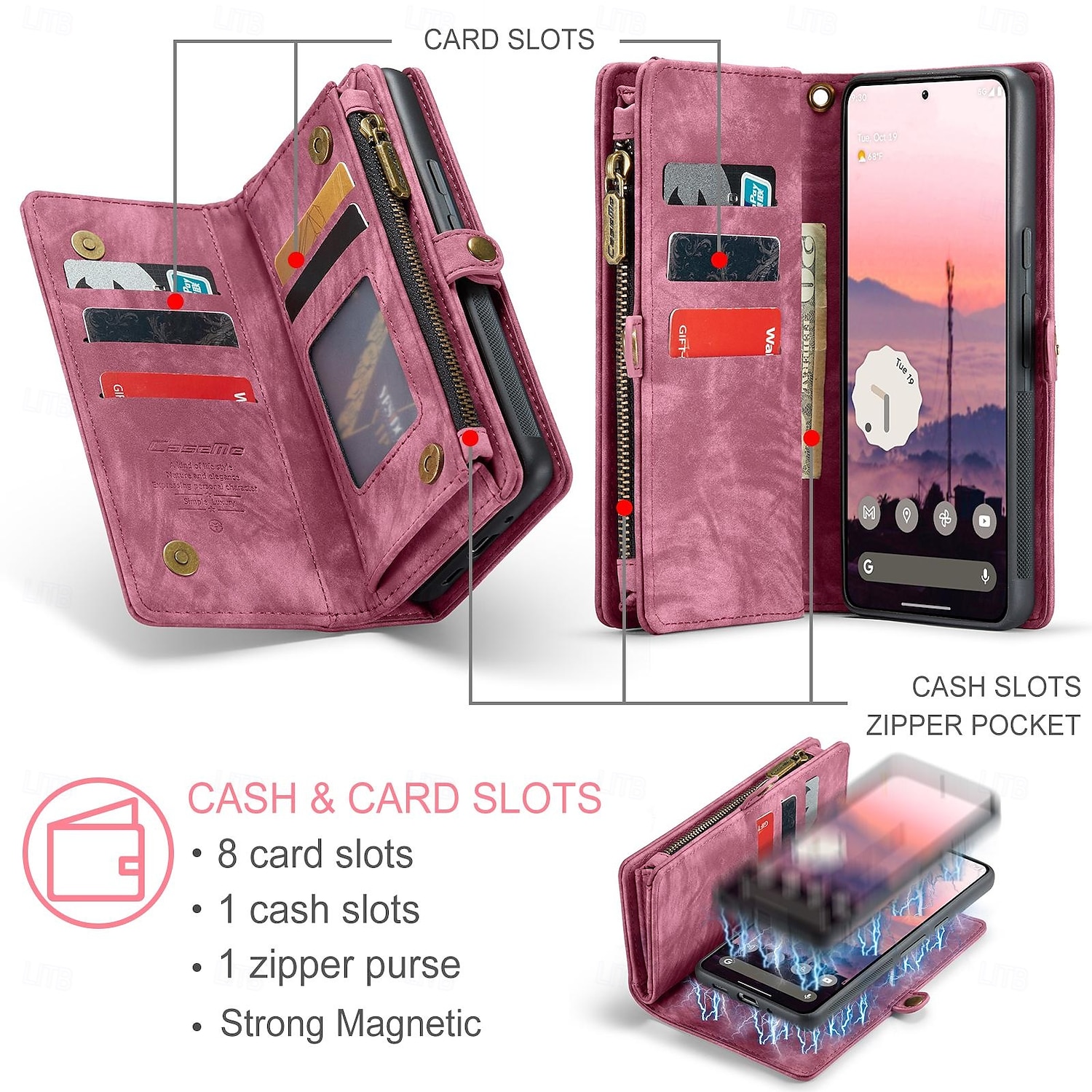 2025年 電話 ケース 用途 グーグル ピクセル9プロ ピクセル9プロXL ピクセル9 ピクセル9a ウォレットカードケース 取り外し可 ジッパ－ リストストラップ付き TPU PUレザー  コレクション – $25.99 –P6