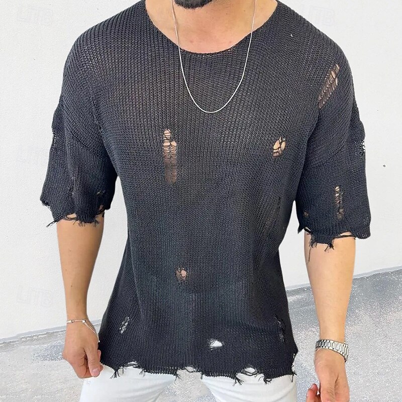 Herre Pullover genser Strikket genser Riflet Strikke Vanlige topper Strikket Hull عادي Crew-hals Mote Grunnleggende Feriereise Dagligdagstøy Klær Sommer Svart Hvit M L XL 2025 - $32.99 –P3