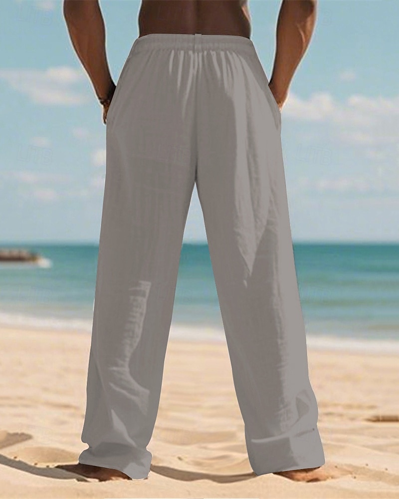 Men's Linen Pants Trousers Summer Pants Beach Pants Pocket Elastic Waist Drawstring Plain Comfort Breathable Vacation Daily Holiday Hawaiian Boho Dark Khaki Black 2025 - $18.99 –P17