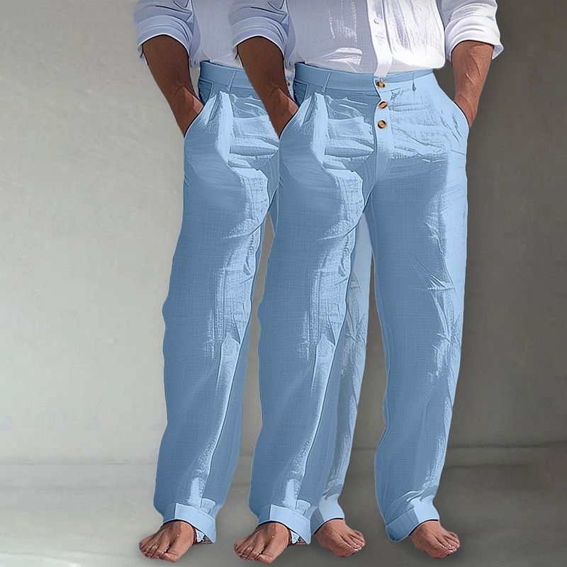 2026年 男性用 リネンパンツ ズボン サマーパンツ ビーチパンツ フロントポケット まっすぐな足 マルチパック 平織り 履き心地よい 高通気性 全長 アウトドア ビジネス 日常 旅行度假风 ファッション ホワイト+カーキ カーキ+ブラック 伸縮性なし  コレクション – $35.99 –P15