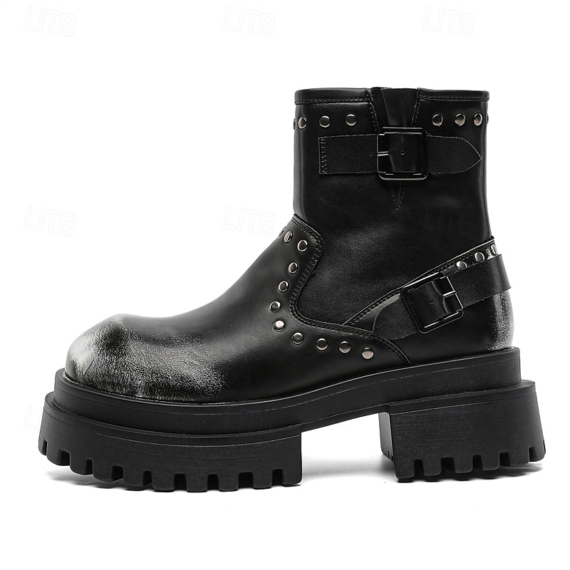 Bottines noires à boucle épaisse pour homme – Bottes de combat à plateforme punk rock pour la mode gothique et le streetwear d'automne de 2025 ? $94.99 –P2
