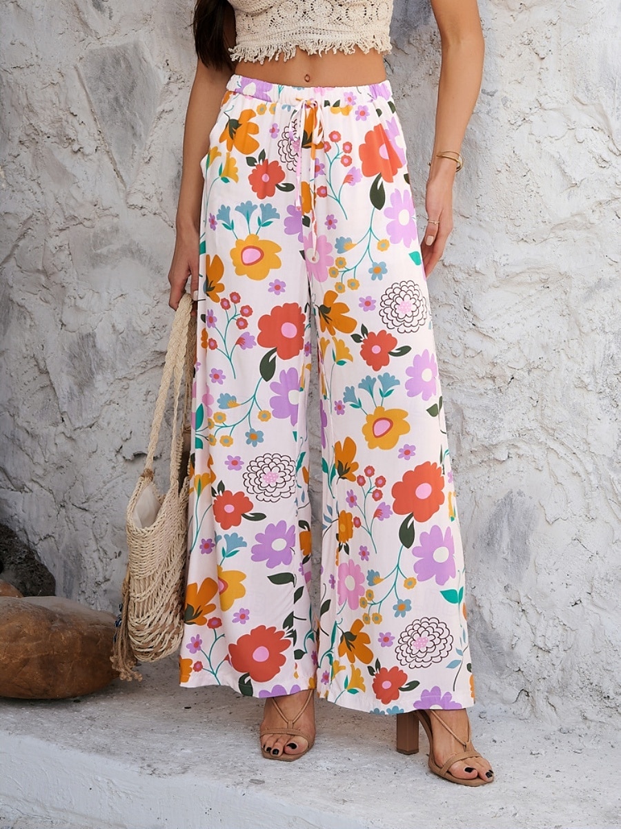 Femmes Jambe large Chinos Vacances ancien Mode Longueur complète Taille haute Fleuri Ceinture Élastique Impression Confortable Doux Micro-Élastique Extérieur Vacances Rue Blanche Jaune Rose Claire de 2025 ? $29.99 –P4