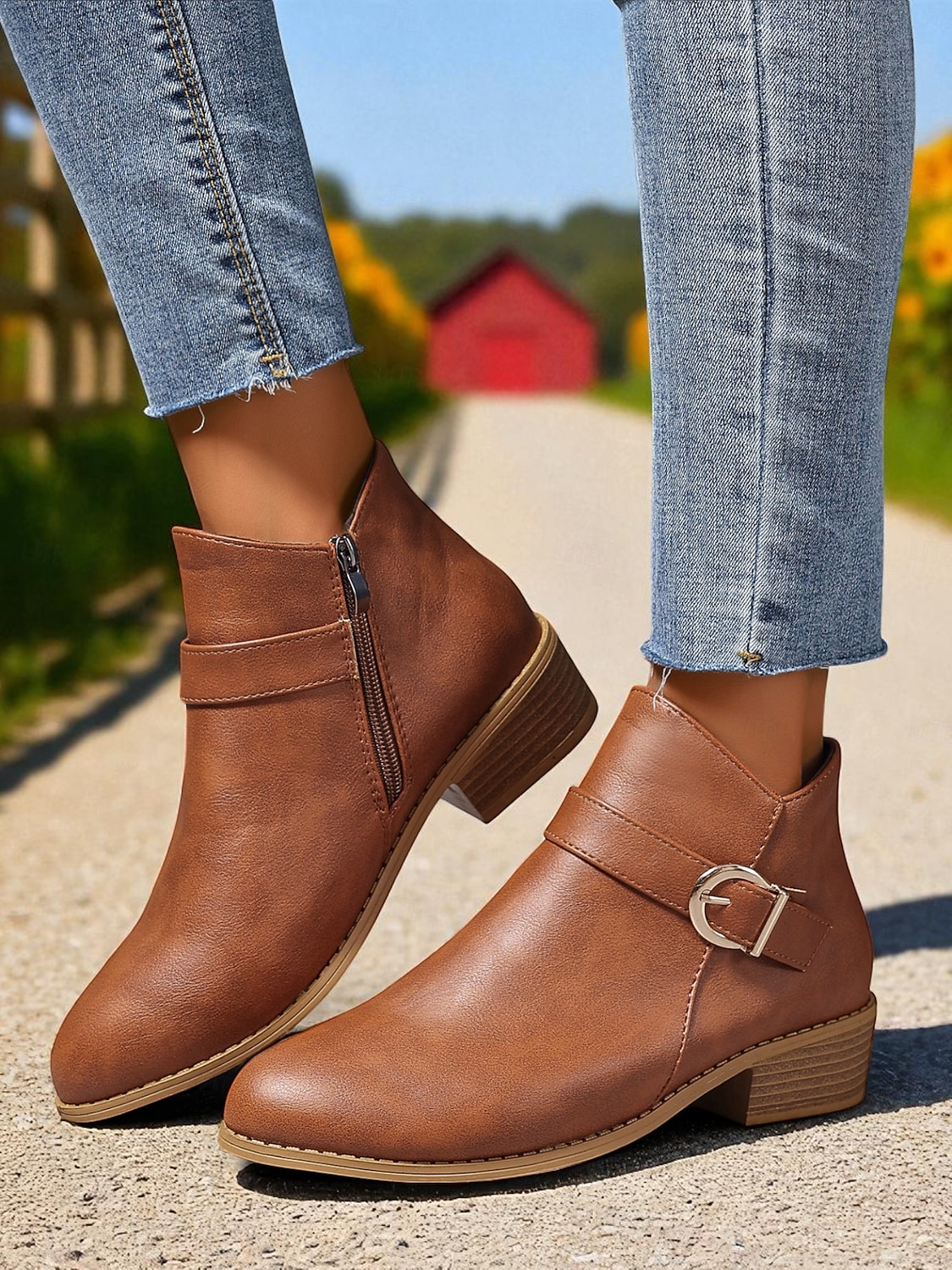 Botines marrones de piel sintética para mujer: botines de tacón bajo con hebilla y cremallera lateral para salidas de otoño, paseos por el campo y uso diario. 2025 - $26.99 –P6