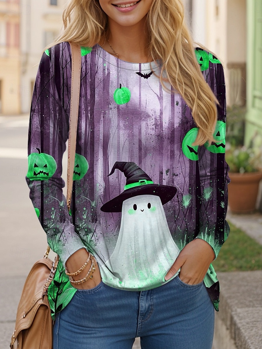 Halloween Femmes T-shirt Graphique Fantôme ancien Élégant Classique manche longue Col ras du cou Hauts Réguliers Quotidien Week-end Imprimé Bleu Violet Vert Printemps Automne de 2025 ? $22.99 –P3