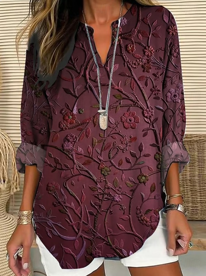 Damenbluse Langarm Tunika Oberteile Blumen Grafik Elegant Stilvoll V-Ausschnitt Regelmäßige Oberteile Täglicher Urlaub Print Rot Blau Lila Grün Grau Sommer Frühling Herbst 2025 - $24.99 –P3