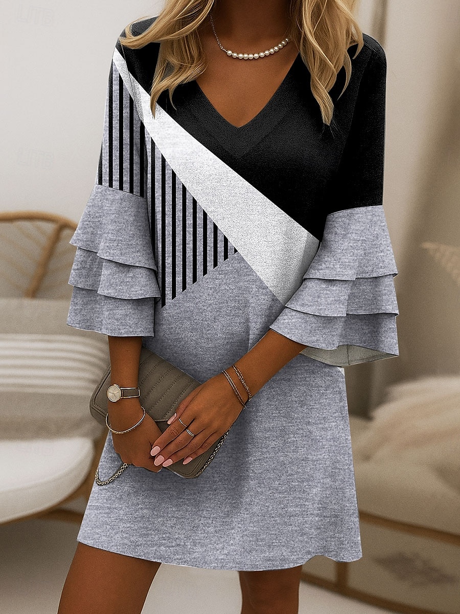 Damen Minikleid Sommerkleid A Linie Kleid Stilvoll Lässig Party Normale Passform Grafik Geometrisch Abstrakt Dreiviertelarm V Ausschnitt Blau Purpur Grün Khaki Sommer Frühling 2025 - $46.99 –P1